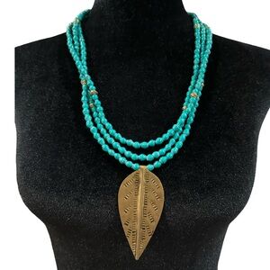 Boho Beaded Necklace Triple Strand Leaf Pendant Blue Gold Tone Toggle Closure